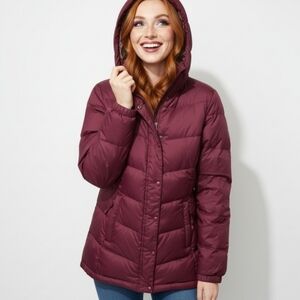 LL Bean Down Puffer Coat Medium Parka Jacket Plum Purple Removable Hood Pockets